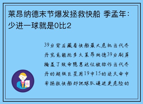 莱昂纳德末节爆发拯救快船 季孟年：少进一球就是0比2